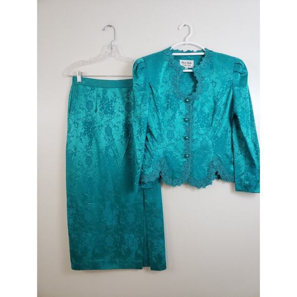 N4) VTG Nah Nah Collection Womens Suit Skirt Set Size 8 Padded Blazer Green USA - Picture 2 of 16